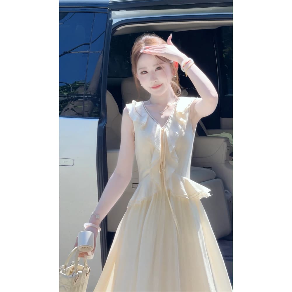 파빌리온 와우 화이트 요금 구름 센스 계단식 프릴 아세트산 여성 드레스 여름 품격 출퇴근 망사 조끼 스커트 이미지 4