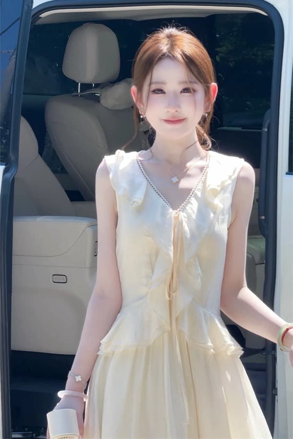 파빌리온 와우 화이트 요금 구름 센스 계단식 프릴 아세트산 여성 드레스 여름 품격 출퇴근 망사 조끼 스커트 이미지 6