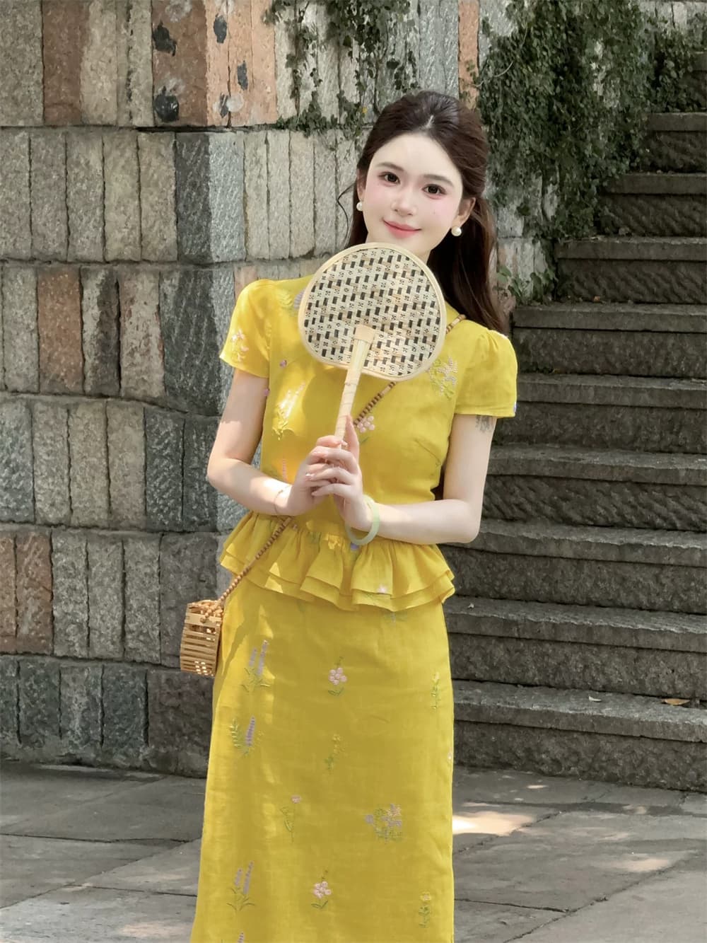 lili 리 리 가족 칭촨 새로운 중식 개선 자수 드레스 품격 꽃무늬 페이크 레이어드 슬림해 보이는 롱 스커트