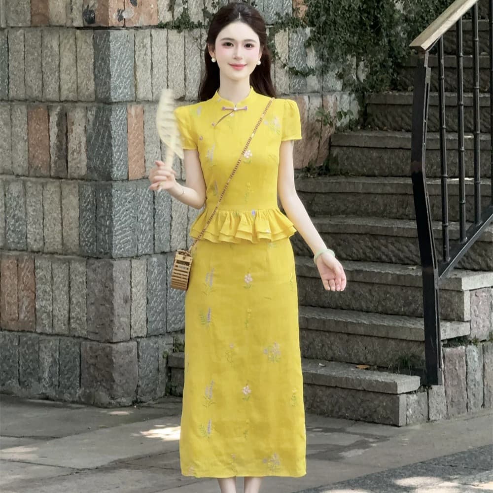 lili 리 리 가족 칭촨 새로운 중식 개선 자수 드레스 품격 꽃무늬 페이크 레이어드 슬림해 보이는 롱 스커트 이미지 5