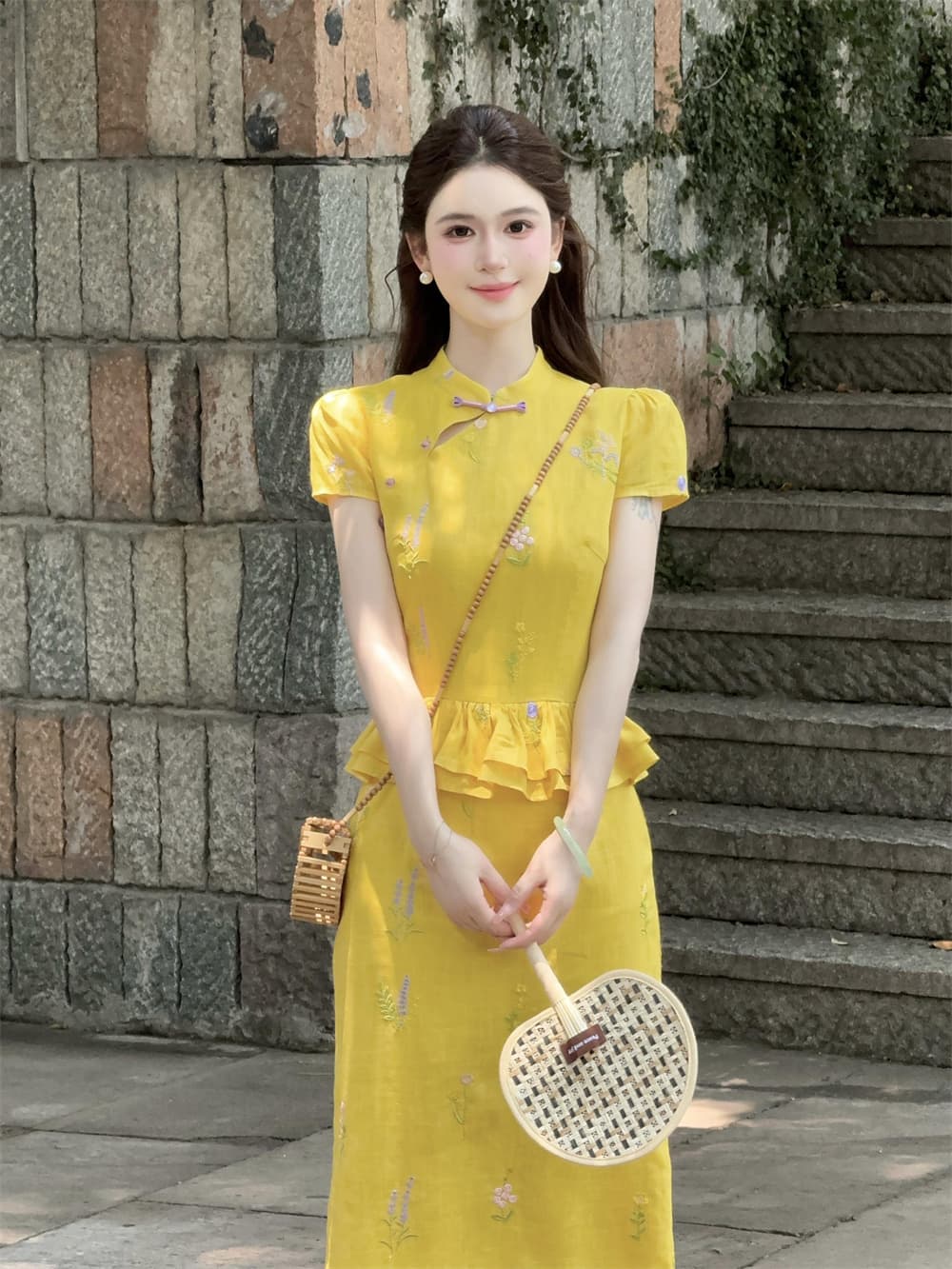 lili 리 리 가족 칭촨 새로운 중식 개선 자수 드레스 품격 꽃무늬 페이크 레이어드 슬림해 보이는 롱 스커트 상세 이미지 5