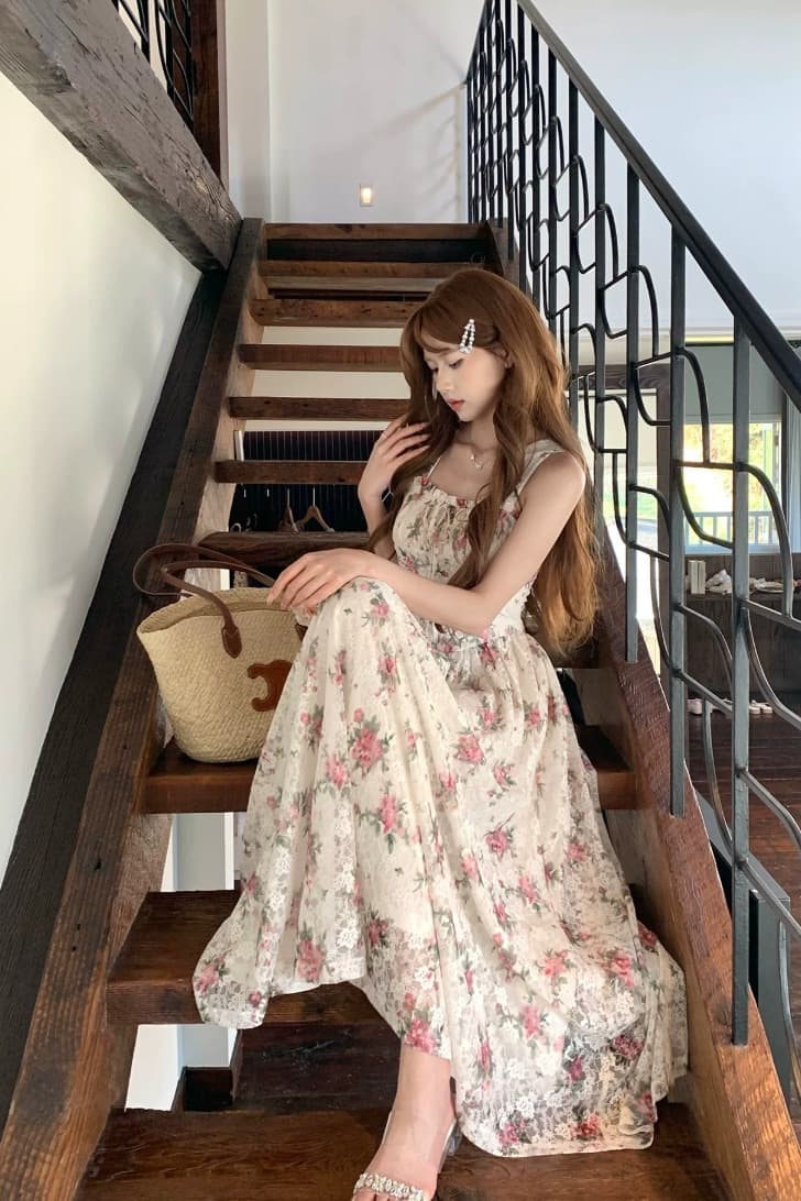 tailormom 레이스 장미 프랑스식 레트로 낭만주의 프린트 허리 수축 슬립 꽃무늬 미니 스커트 드레스 이미지 6