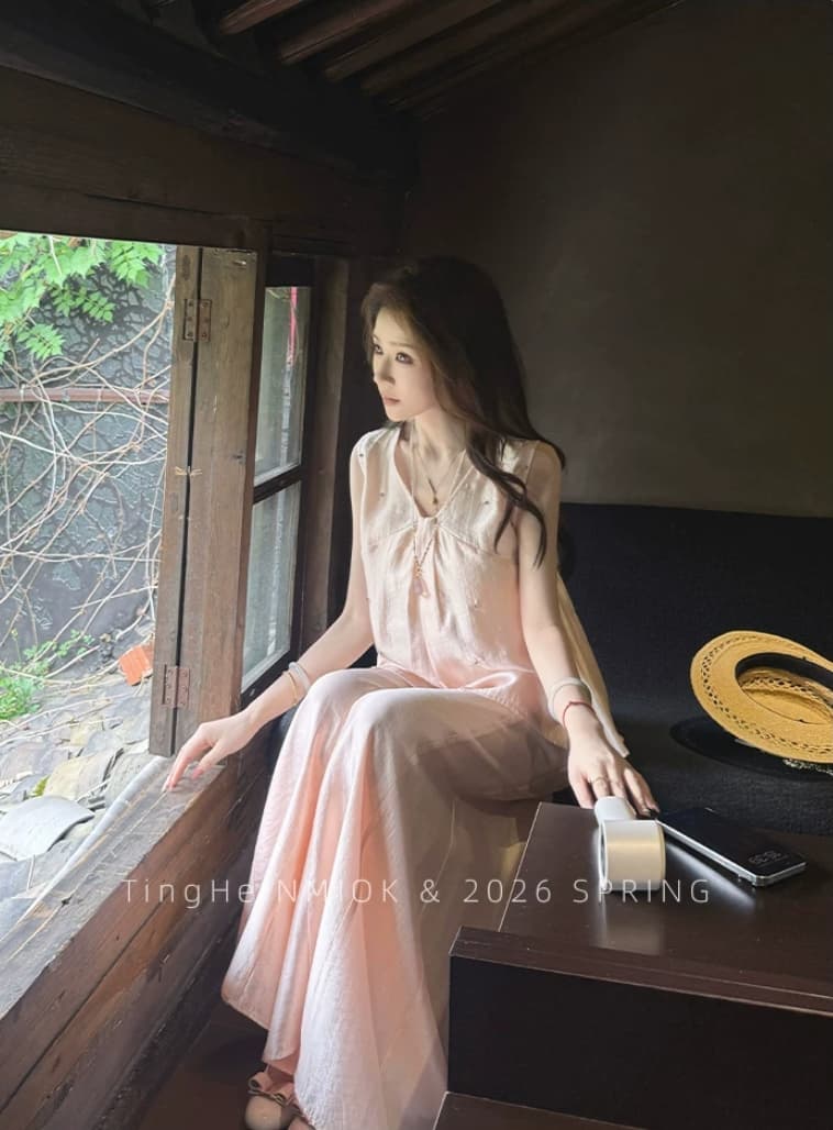 파빌리온 와우 여름 ~ 중 바람 주간 실크 양면 착용 광택 민소매 맨위 와이드 레깅스 바지 여름 캐주얼 세트 이미지 4
