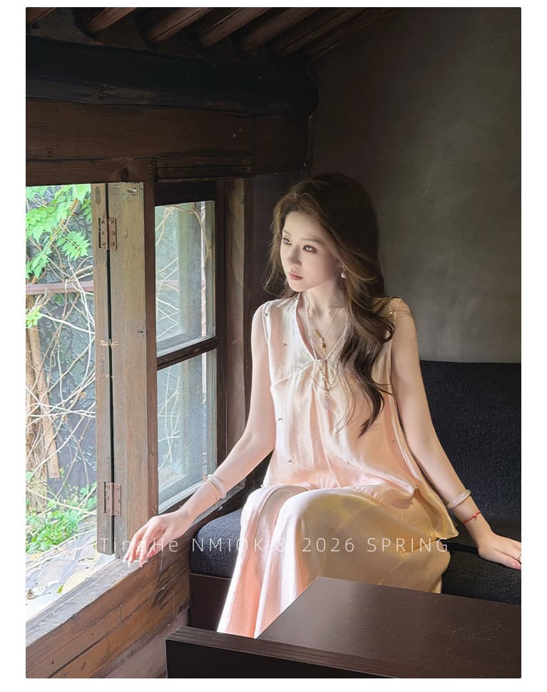 파빌리온 와우 여름 ~ 중 바람 주간 실크 양면 착용 광택 민소매 맨위 와이드 레깅스 바지 여름 캐주얼 세트 상세 이미지 12