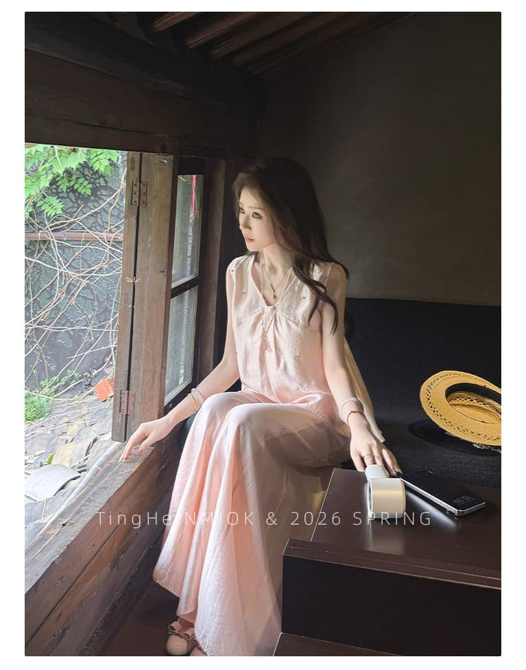 파빌리온 와우 여름 ~ 중 바람 주간 실크 양면 착용 광택 민소매 맨위 와이드 레깅스 바지 여름 캐주얼 세트 상세 이미지 13