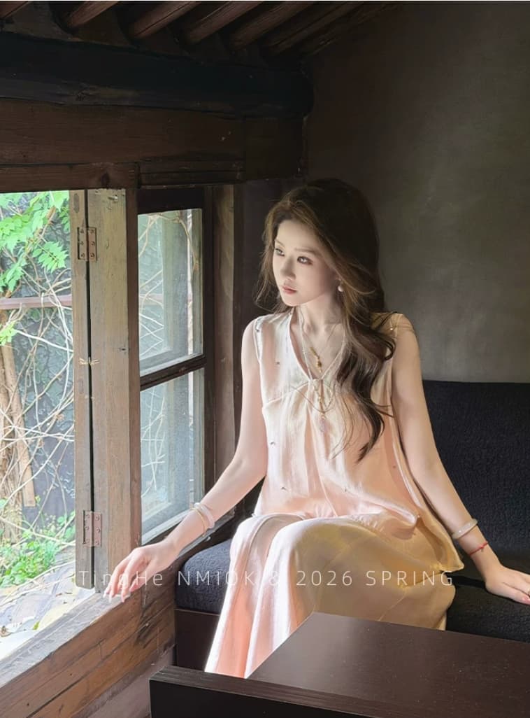 파빌리온 와우 여름 ~ 중 바람 주간 실크 양면 착용 광택 민소매 맨위 와이드 레깅스 바지 여름 캐주얼 세트 상세 이미지 17