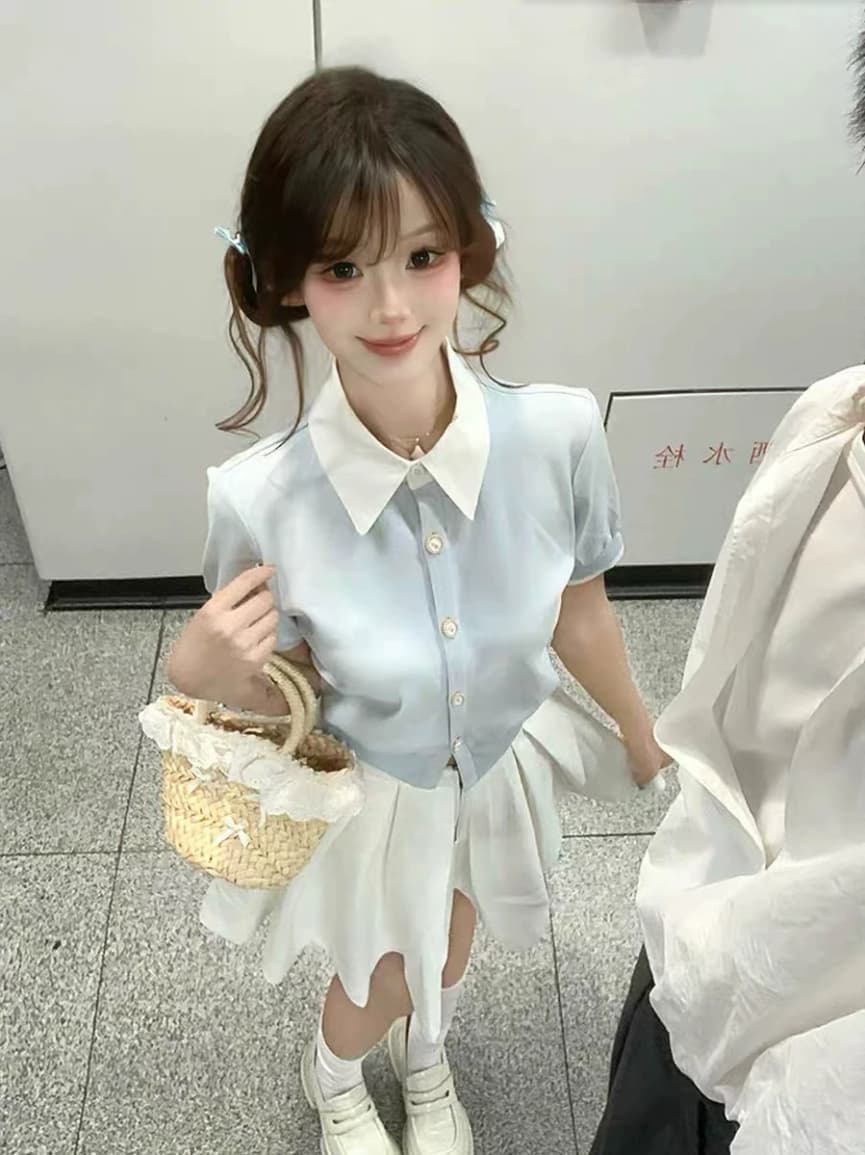 nangoon 베이비 칼라 배색 페이크 레이어드 맨위 봄 여름 새로운 다용도 디자인 센스 여성 작은 대중 품격 이미지 2