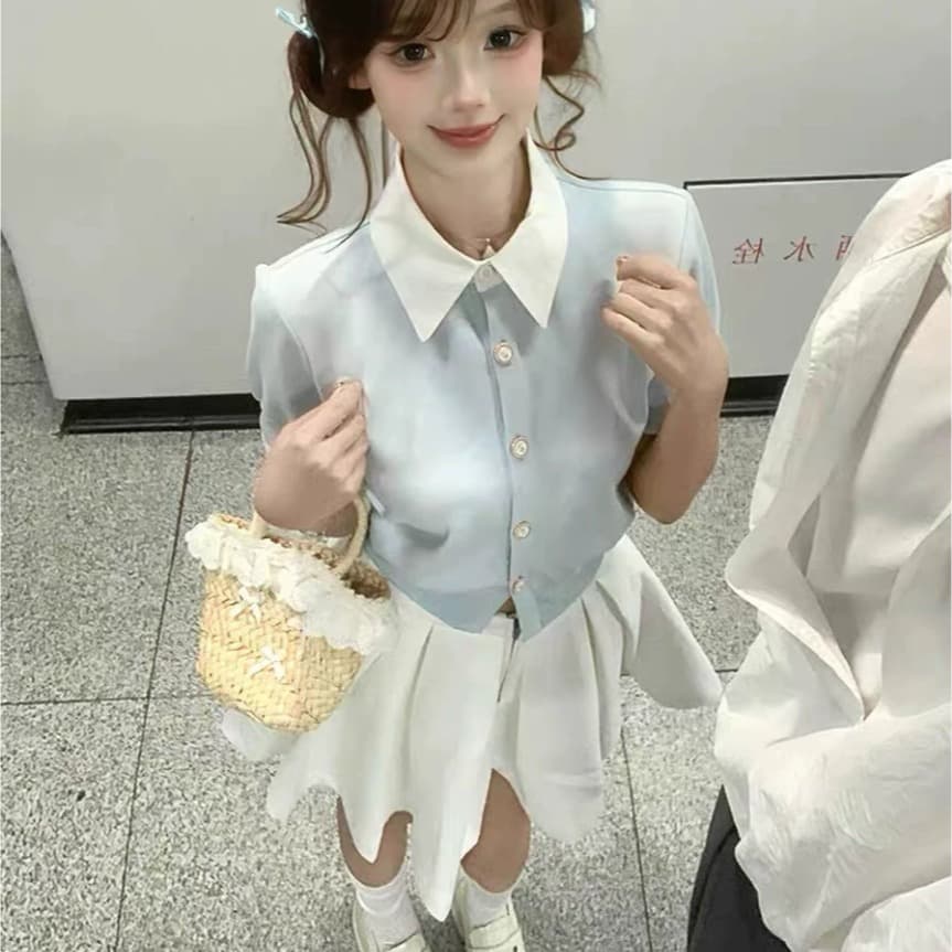 nangoon 베이비 칼라 배색 페이크 레이어드 맨위 봄 여름 새로운 다용도 디자인 센스 여성 작은 대중 품격 이미지 5