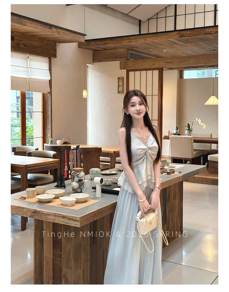 파빌리온 와우 호탄 제이드 맨 실크 비틀림 3 차원 슬립 맨위 와이드 레깅스 바지 여름 감기 센스 파란색 세트 상세 이미지 17