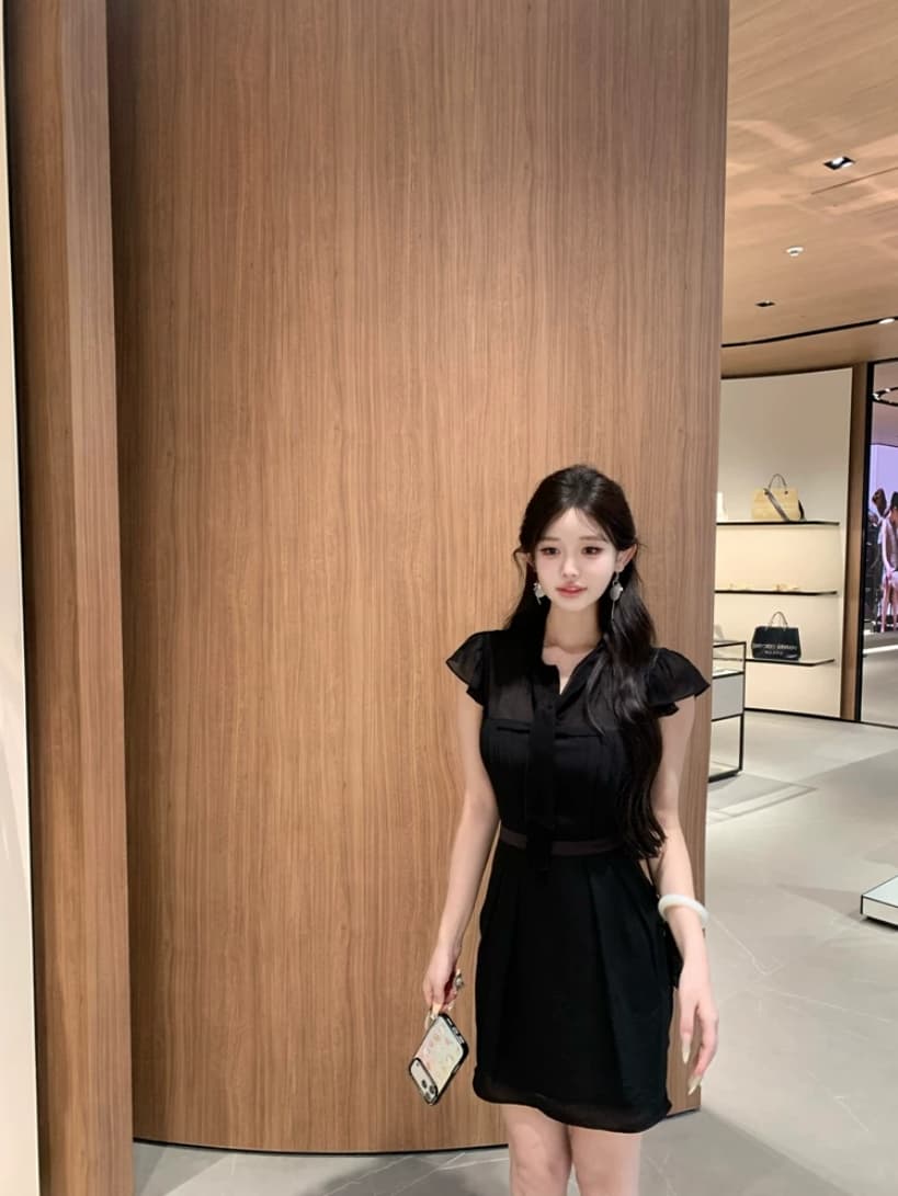 jill 대 자매 일상 좋은 착용 tie dress 한 부서 높음 지혜 센스 작은 날다 소매 허리 수축 드레스