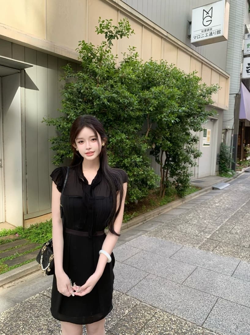 jill 대 자매 일상 좋은 착용 tie dress 한 부서 높음 지혜 센스 작은 날다 소매 허리 수축 드레스 이미지 3