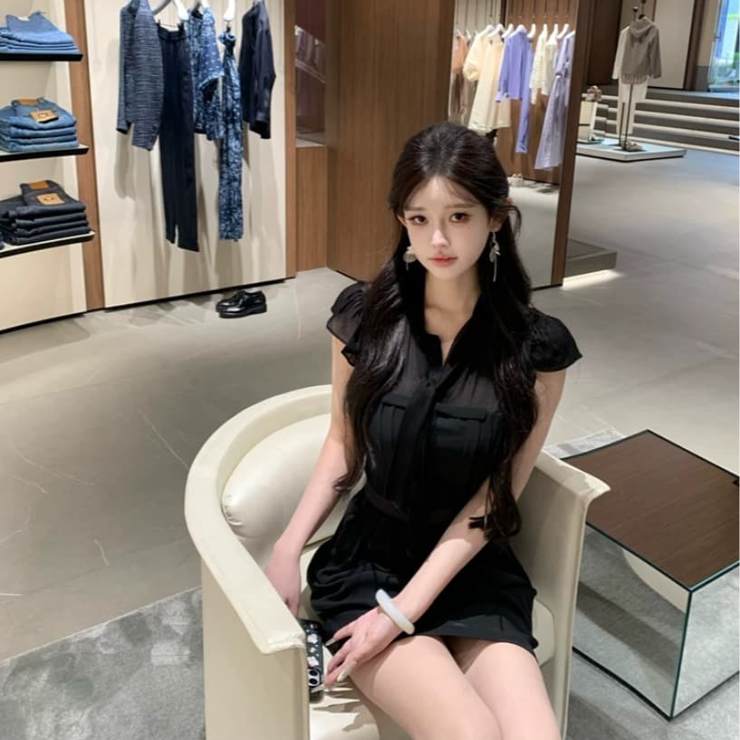 jill 대 자매 일상 좋은 착용 tie dress 한 부서 높음 지혜 센스 작은 날다 소매 허리 수축 드레스 이미지 5