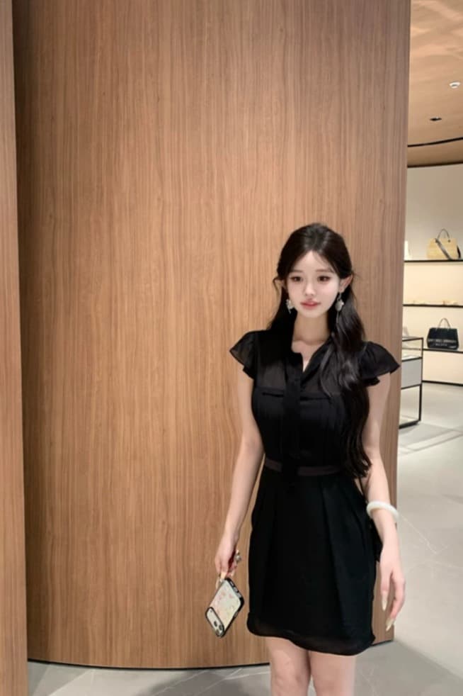 jill 대 자매 일상 좋은 착용 tie dress 한 부서 높음 지혜 센스 작은 날다 소매 허리 수축 드레스 이미지 6