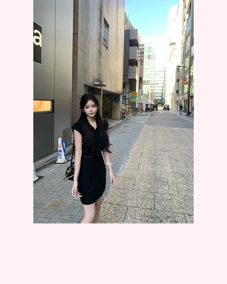 jill 대 자매 일상 좋은 착용 tie dress 한 부서 높음 지혜 센스 작은 날다 소매 허리 수축 드레스 상세 이미지 6