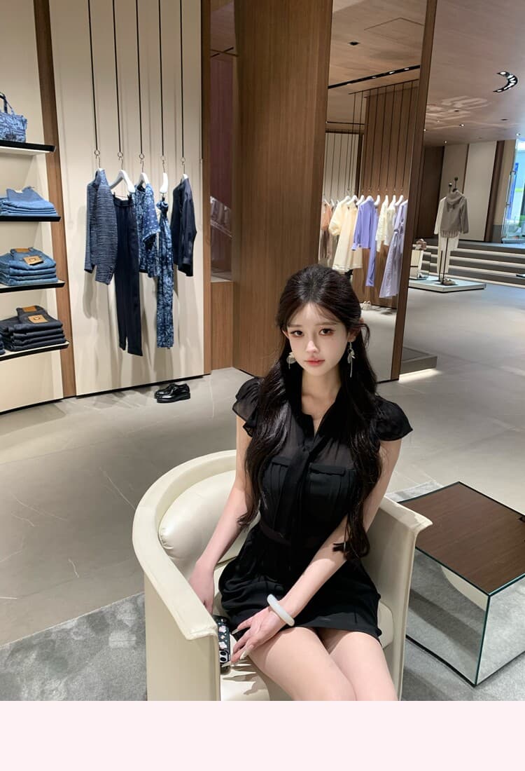 jill 대 자매 일상 좋은 착용 tie dress 한 부서 높음 지혜 센스 작은 날다 소매 허리 수축 드레스 상세 이미지 8