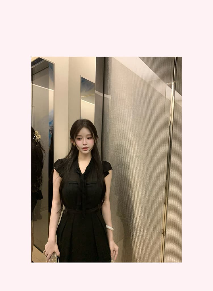 jill 대 자매 일상 좋은 착용 tie dress 한 부서 높음 지혜 센스 작은 날다 소매 허리 수축 드레스 상세 이미지 16