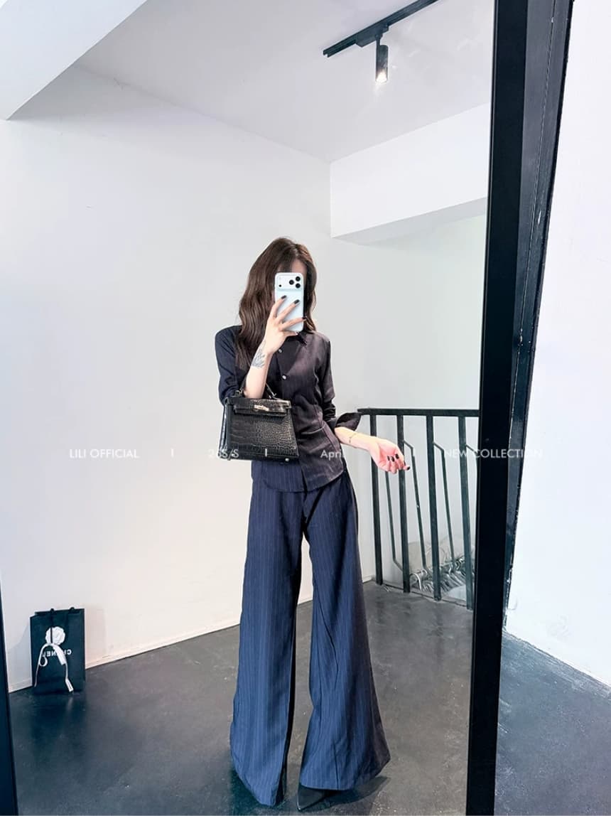 lili 휠 휠 미스 블루 스트라이프 허리 수축 스트랩 가스 질감 셔츠 넓은 다리 정장 바지 투피스 세트