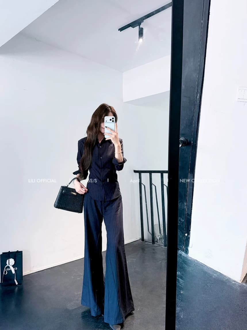 lili 휠 휠 미스 블루 스트라이프 허리 수축 스트랩 가스 질감 셔츠 넓은 다리 정장 바지 투피스 세트 이미지 2