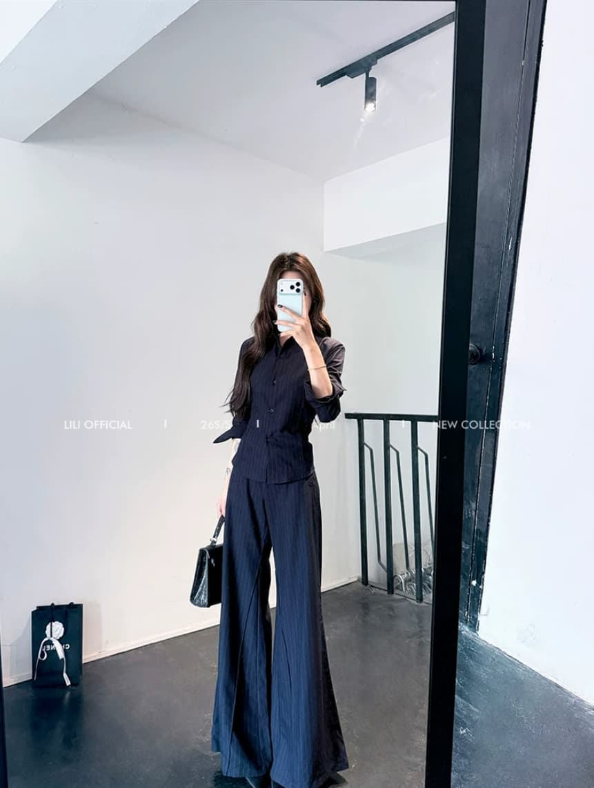 lili 휠 휠 미스 블루 스트라이프 허리 수축 스트랩 가스 질감 셔츠 넓은 다리 정장 바지 투피스 세트 이미지 3