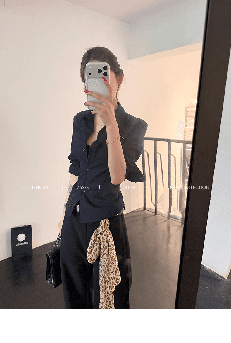 lili 휠 휠 미스 블루 스트라이프 허리 수축 스트랩 가스 질감 셔츠 넓은 다리 정장 바지 투피스 세트 상세 이미지 13