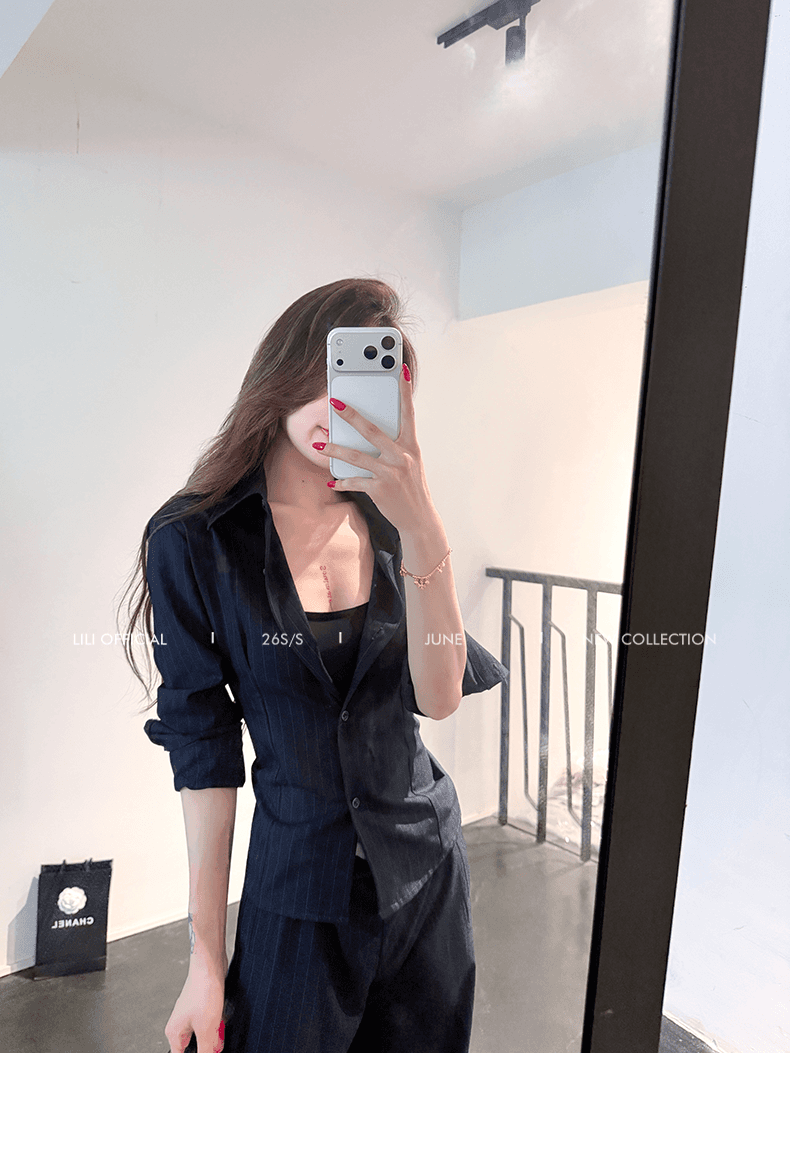 lili 휠 휠 미스 블루 스트라이프 허리 수축 스트랩 가스 질감 셔츠 넓은 다리 정장 바지 투피스 세트 상세 이미지 16