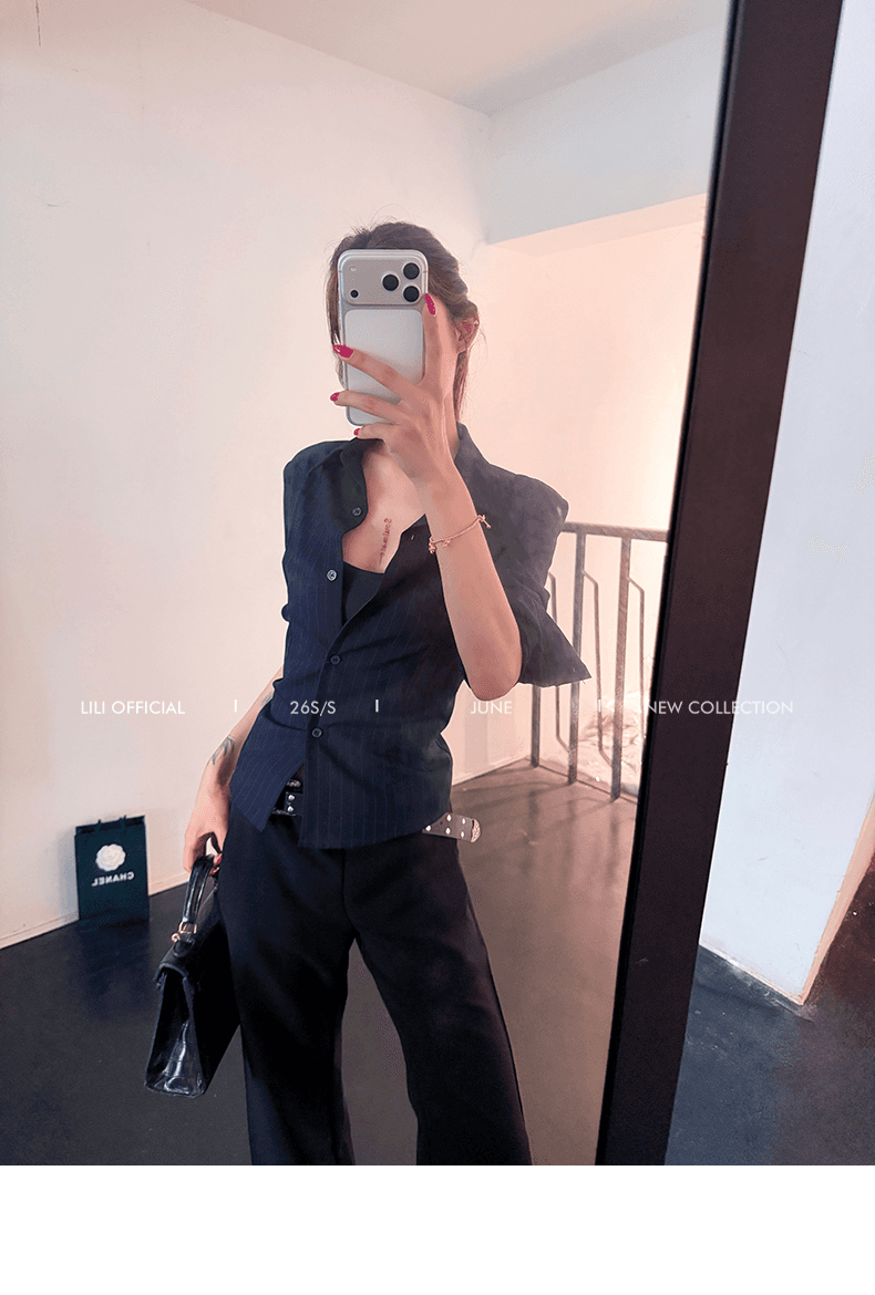 lili 휠 휠 미스 블루 스트라이프 허리 수축 스트랩 가스 질감 셔츠 넓은 다리 정장 바지 투피스 세트 상세 이미지 20