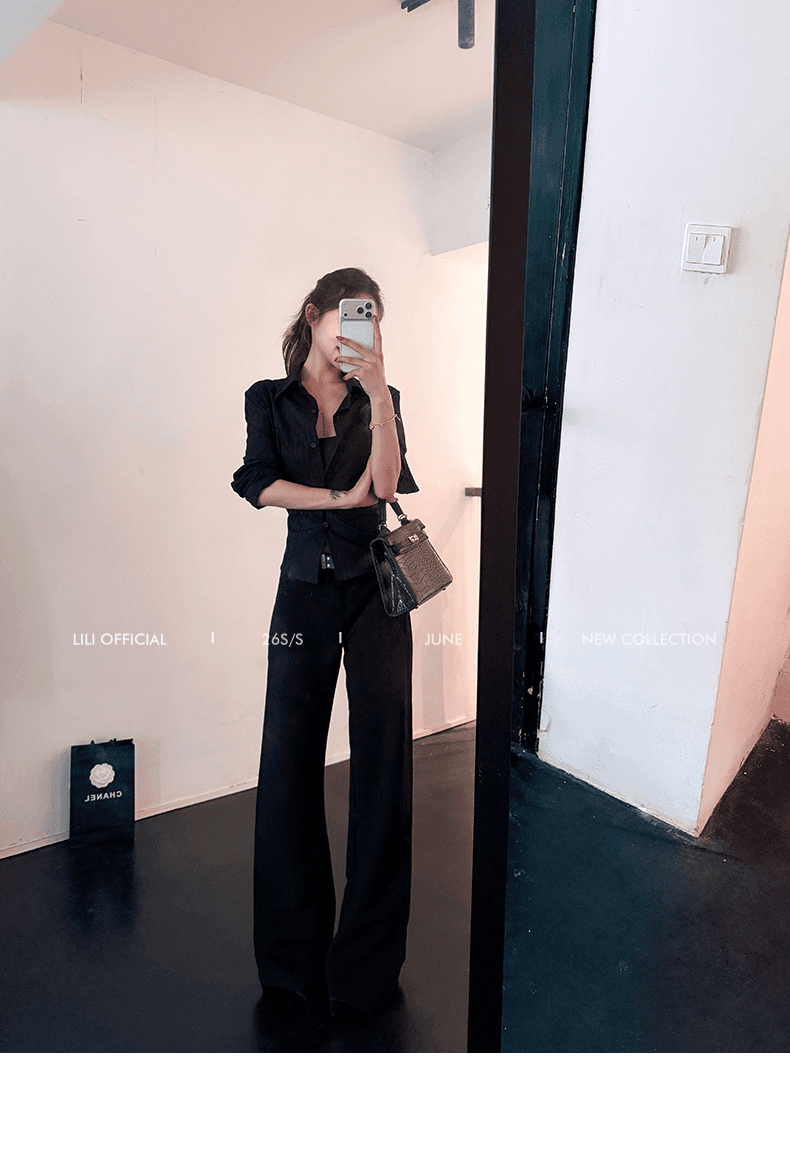 lili 휠 휠 미스 블루 스트라이프 허리 수축 스트랩 가스 질감 셔츠 넓은 다리 정장 바지 투피스 세트 상세 이미지 21