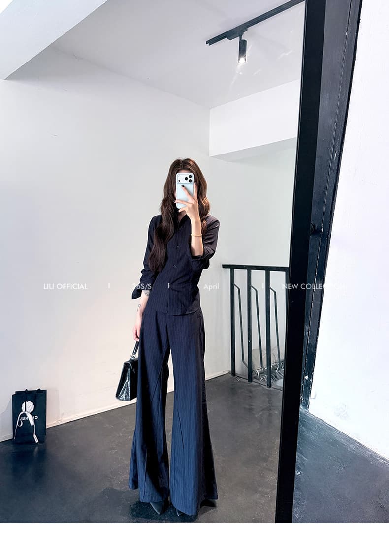 lili 휠 휠 미스 블루 스트라이프 허리 수축 스트랩 가스 질감 셔츠 넓은 다리 정장 바지 투피스 세트 상세 이미지 34