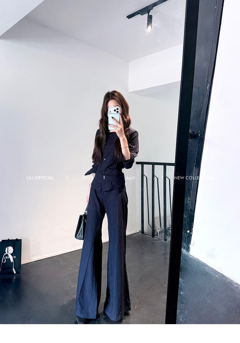 lili 휠 휠 미스 블루 스트라이프 허리 수축 스트랩 가스 질감 셔츠 넓은 다리 정장 바지 투피스 세트 상세 이미지 36