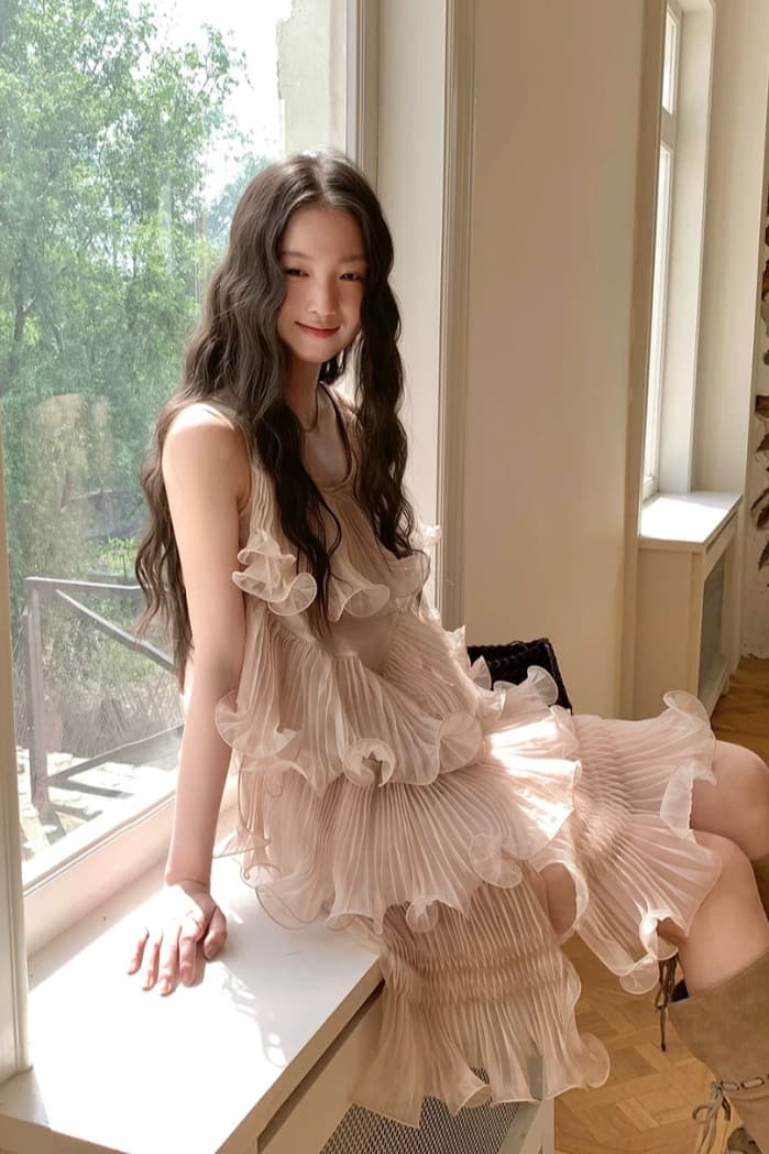 soolrok 소나무 아니요 라임 하나 로마의 피 네타 분말 가볍게 하다 럭셔리 디자인 센스 무거운 작업 플리츠 불규칙 드레스 이미지 6