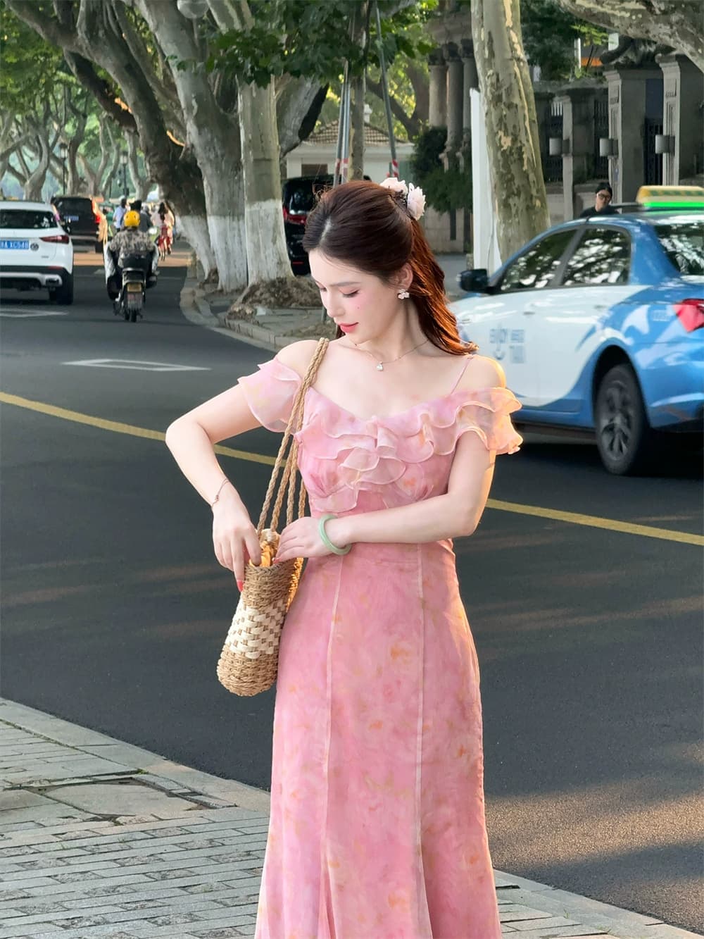 lili 리 리 가족 복숭아 저녁 바람 프랑스식 휴가 바람 프릴 드레스 디자인 섹션 품격 인어 꼬리 스커트 이미지 3
