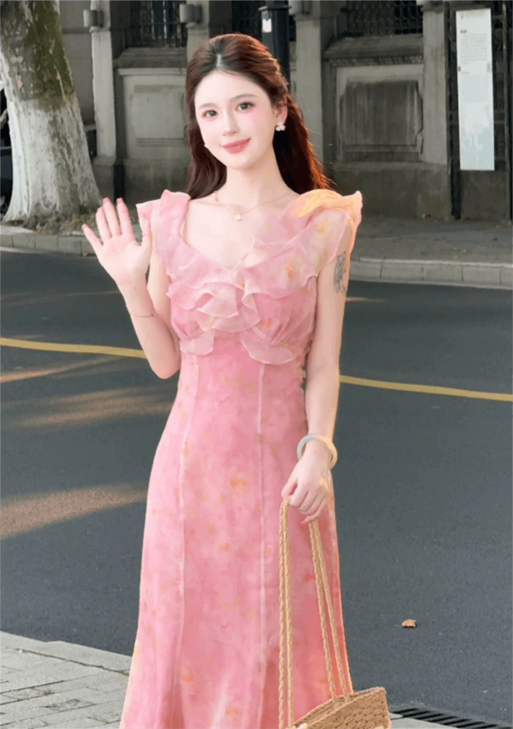 lili 리 리 가족 복숭아 저녁 바람 프랑스식 휴가 바람 프릴 드레스 디자인 섹션 품격 인어 꼬리 스커트 이미지 4