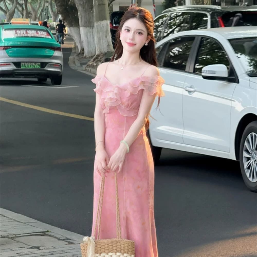 lili 리 리 가족 복숭아 저녁 바람 프랑스식 휴가 바람 프릴 드레스 디자인 섹션 품격 인어 꼬리 스커트 이미지 5