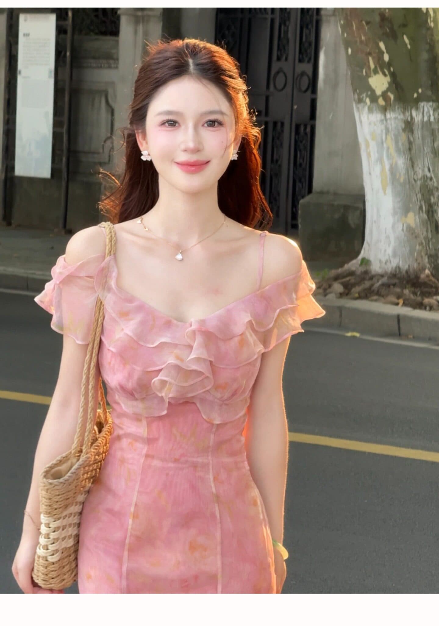 lili 리 리 가족 복숭아 저녁 바람 프랑스식 휴가 바람 프릴 드레스 디자인 섹션 품격 인어 꼬리 스커트 상세 이미지 17