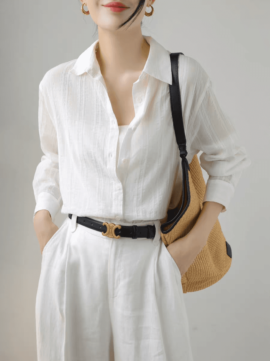 화이트 순면 자카드 질감 얇은 스타일 셔츠 여성 여름 루즈핏 가을 어깨 긴팔 맨위 다용도 캐주얼 셔츠