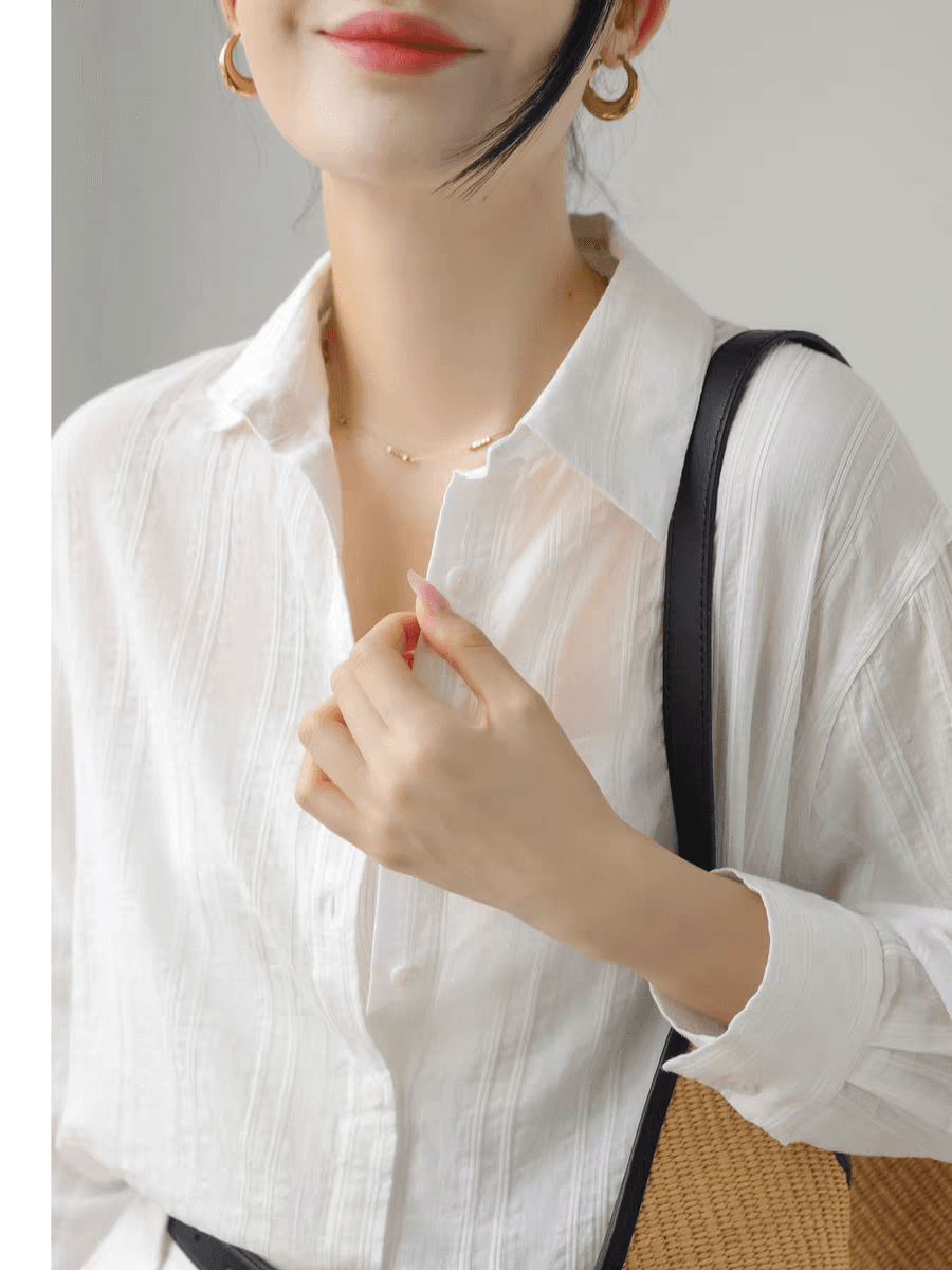 화이트 순면 자카드 질감 얇은 스타일 셔츠 여성 여름 루즈핏 가을 어깨 긴팔 맨위 다용도 캐주얼 셔츠 이미지 3