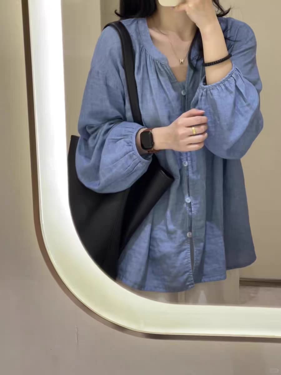 파란색 주간 실크 자외선 차단 여성 셔츠 여름 얇은 스타일 느긋한 바람 V넥 루즈핏 카디건 코트 가져 가라. 아마 반신 스커트 이미지 2