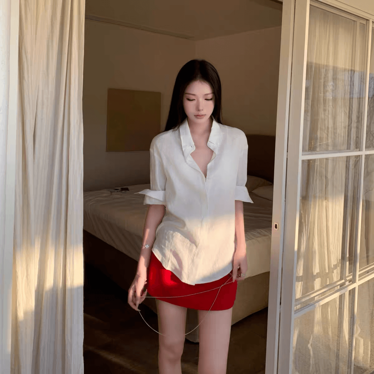 자연 산소 오른쪽 느슨함 지배 오래된 돈 바람 고급 센스 1oo 아마 수공 뒤집다 Pleat 볼륨 측면 소매 루즈핏 여성 셔츠