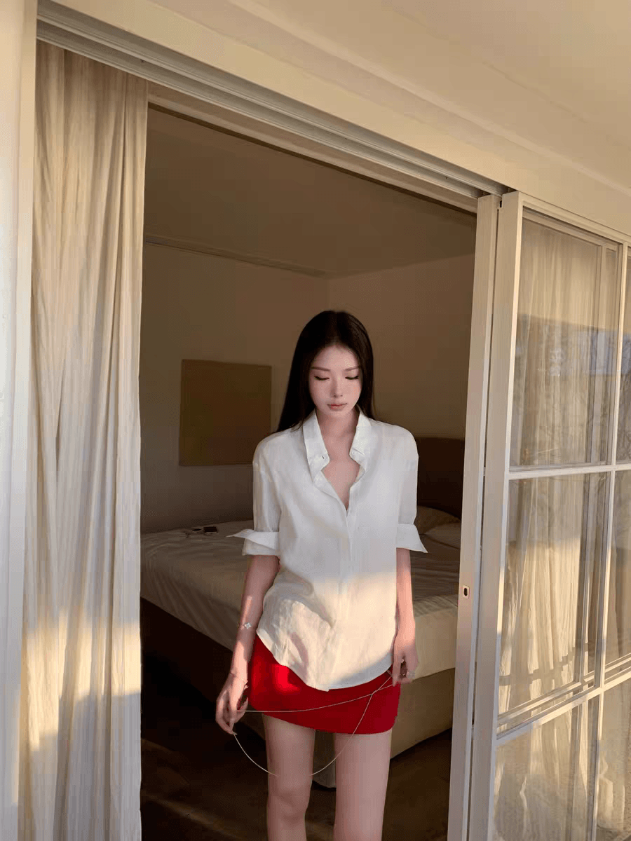 자연 산소 오른쪽 느슨함 지배 오래된 돈 바람 고급 센스 1oo 아마 수공 뒤집다 Pleat 볼륨 측면 소매 루즈핏 여성 셔츠 이미지 4