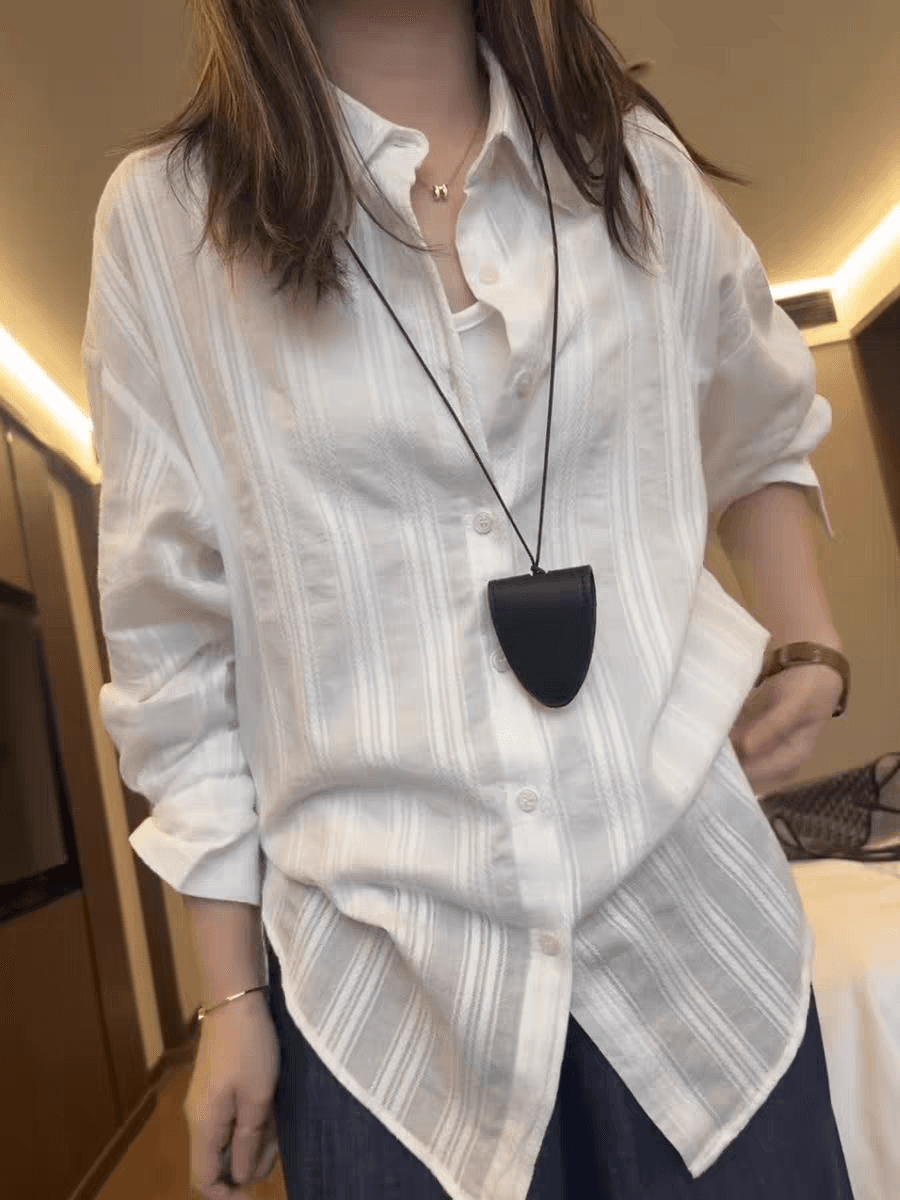 세로 줄무늬 자카드 느긋한 바람 셔츠 여성 봄 여름 한국 스타일 루즈핏 품격 출퇴근 다용도 캐주얼 맨위 이미지 3