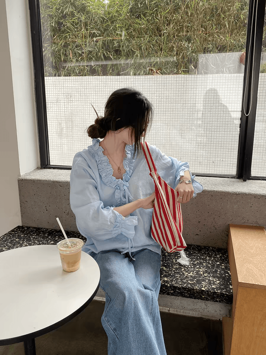 무거운 작업 아마 수공 프릴 스트랩 셔츠 오래된 돈 바람 루즈핏 품격 V넥 봄 여름 맨위