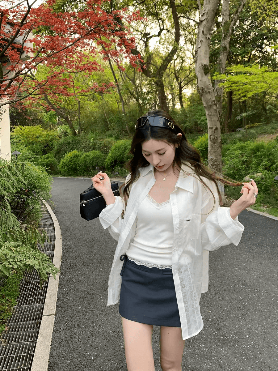 작은 갈매기 화이트 자외선 차단 셔츠 여성 코트 여름 새로운 품격 느긋한 바람 프랑스식 루즈핏 맨위 이미지 4