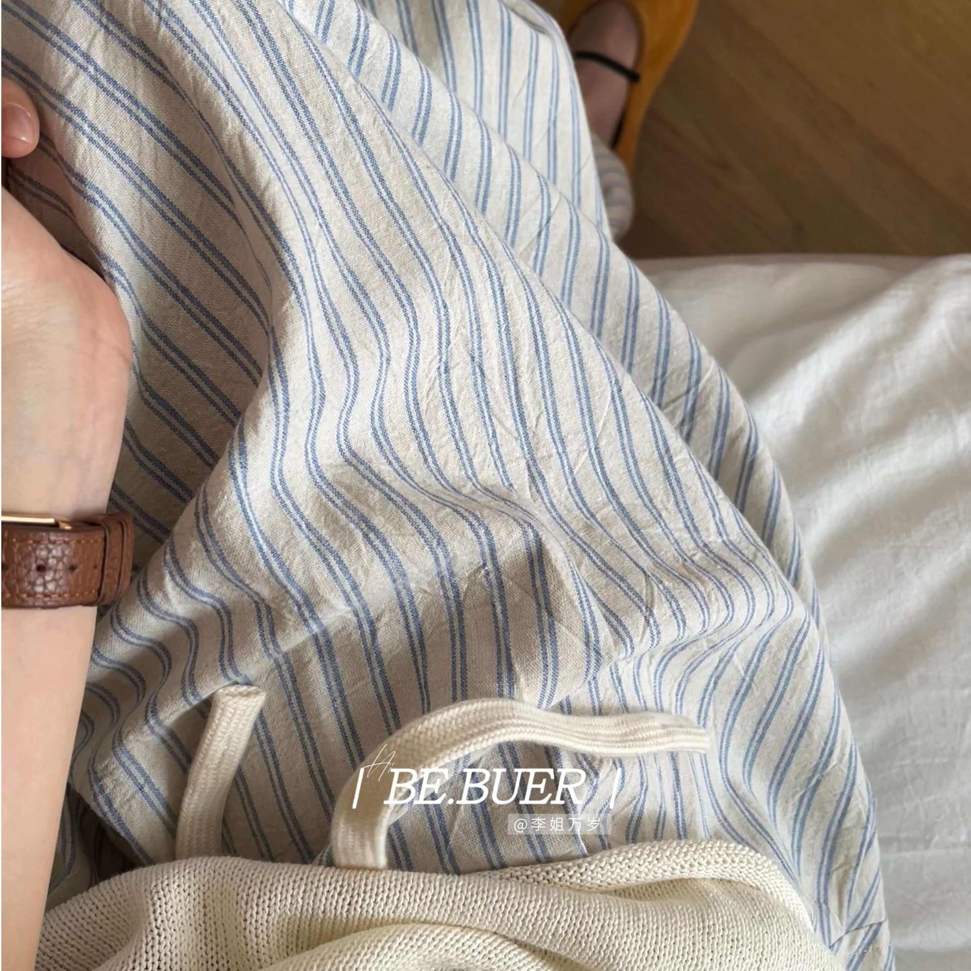 허리밴드 반신 스커트 한 부서 느긋한 바람 면 소재 세로 줄무늬 펌프 로프 봄 여름 쌀 회색 블루 스트라이프 이미지 4