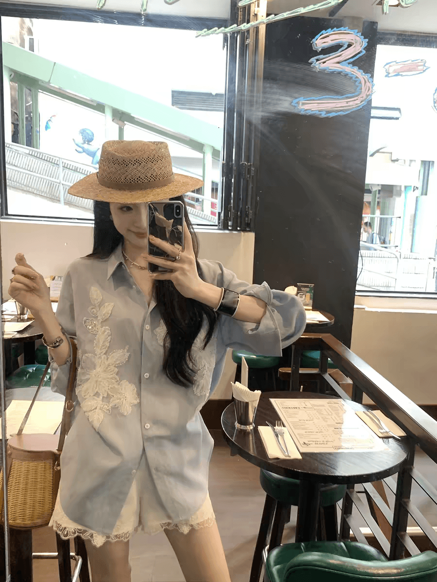 라이 경기 서울 느긋한 느슨함 센스 무거운 작업 배색 레이스 주문 구슬 자수 조각 셔츠 루즈핏 가을 어깨 의류 이미지 3