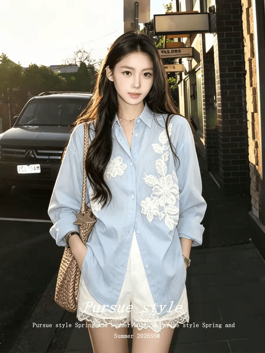 라이 경기 서울 느긋한 느슨함 센스 무거운 작업 배색 레이스 주문 구슬 자수 조각 셔츠 루즈핏 가을 어깨 의류 이미지 4
