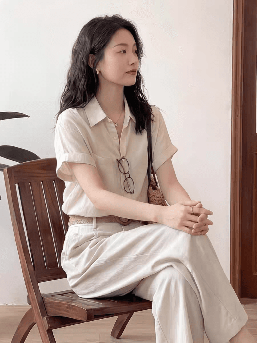 오래된 돈 바람 고급 센스 반팔 아마 여성 셔츠 여름 출퇴근 다용도 셔츠 캐주얼 루즈핏 면 린넨 맨위 얇은 이미지 4