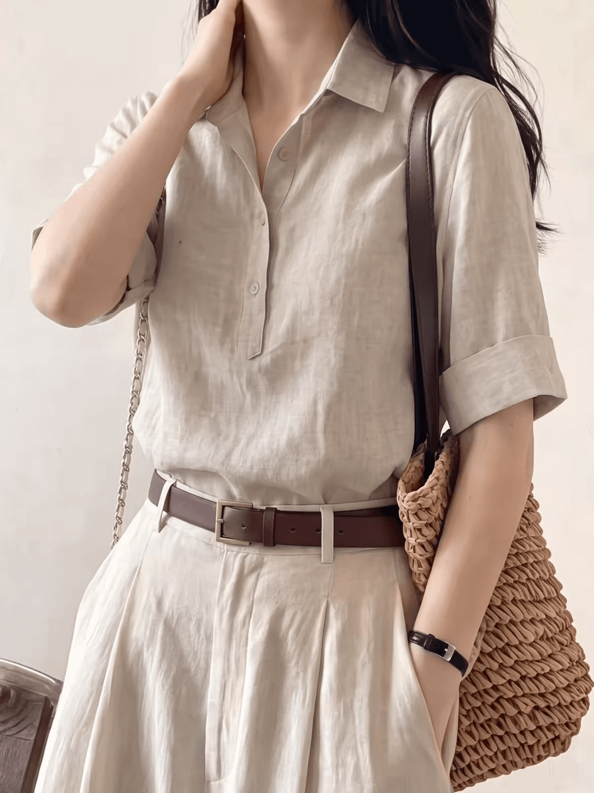 오래된 돈 바람 회색 아마 V넥 반팔 여성 셔츠 여름 얇은 스타일 고급 센스 폴로 칼라 면 린넨 셔츠 블라우스 맨위 이미지 2