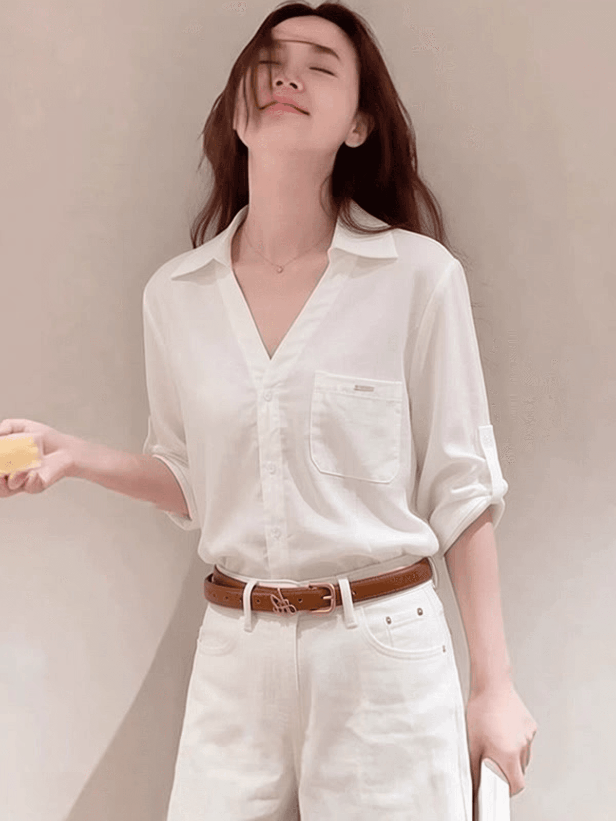 오래된 돈 바람 화이트 아마 여성 셔츠 여름 가을 새로운 반소매 폴로 칼라 루즈핏 캐주얼 출퇴근 셔츠 재킷 맨위 이미지 2