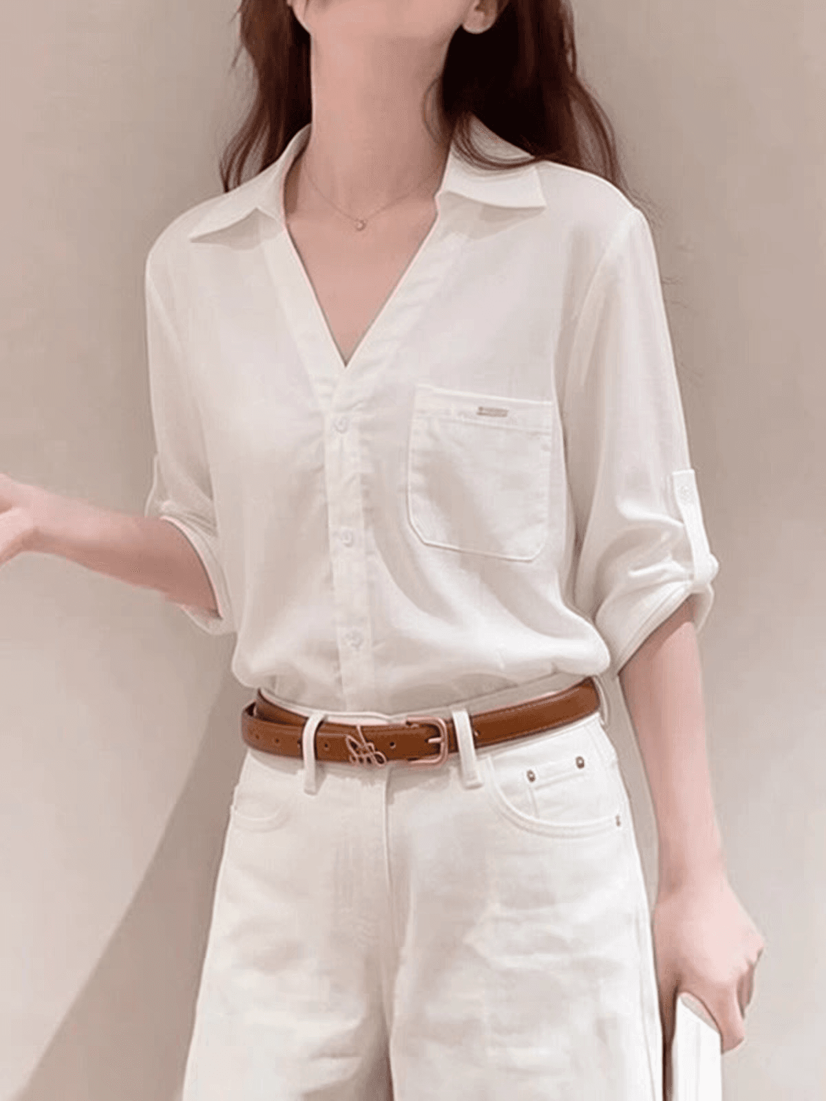 오래된 돈 바람 화이트 아마 여성 셔츠 여름 가을 새로운 반소매 폴로 칼라 루즈핏 캐주얼 출퇴근 셔츠 재킷 맨위 이미지 3