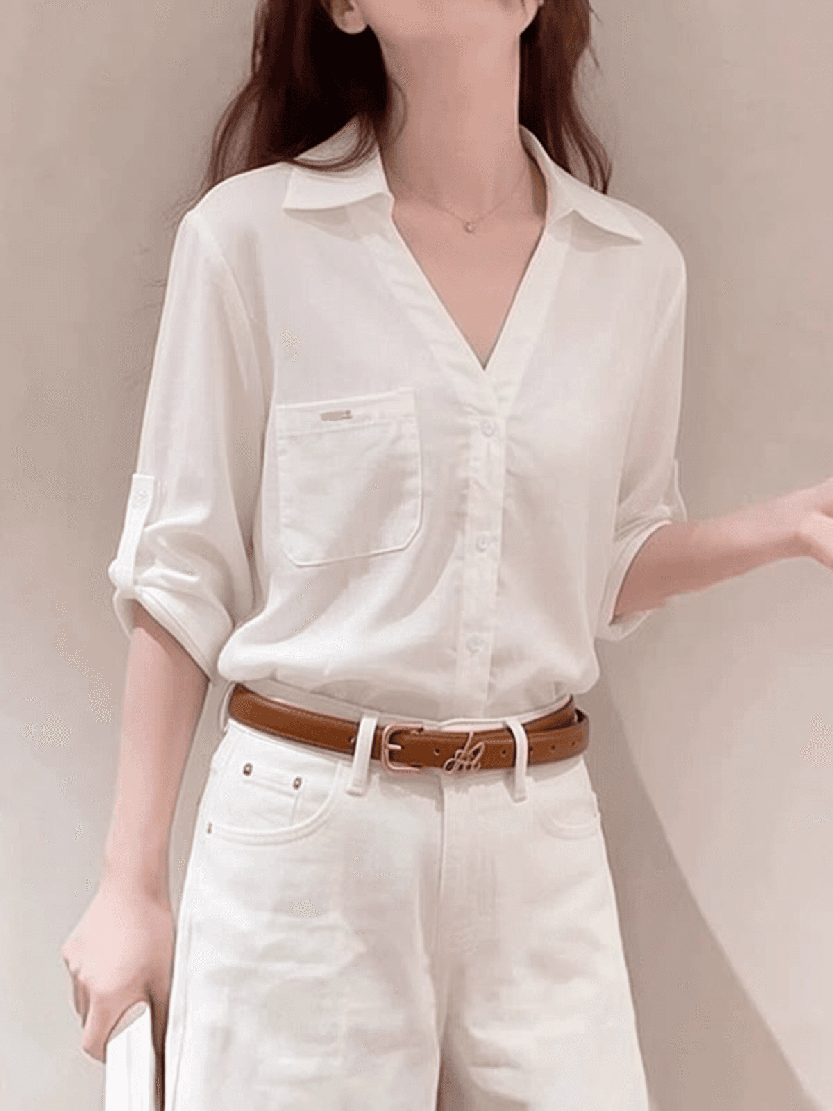 오래된 돈 바람 화이트 아마 여성 셔츠 여름 가을 새로운 반소매 폴로 칼라 루즈핏 캐주얼 출퇴근 셔츠 재킷 맨위 이미지 4